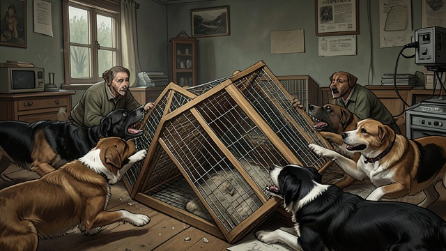 The Feral Pack Attacks from "The Master Butchers Singing Club". The Cages Are Overturned A night raid The pack of feral dogs enters the yard and kills the chinchillas. The cages are left scattered and empty.
