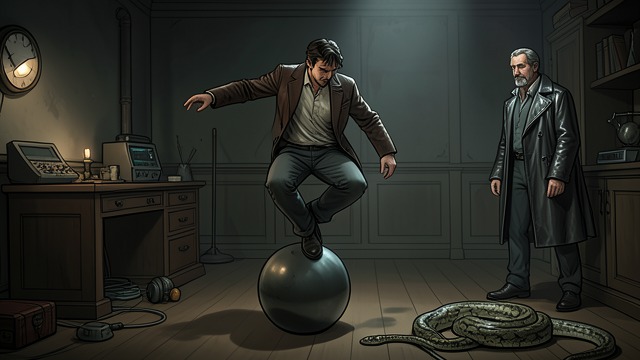 Performance Becomes Another Life from "The Master Butchers Singing Club". The Snake Man’s Stage A new act Cyprian travels with Vilhus Gast, balancing on balls and performing with spiders and a python.
