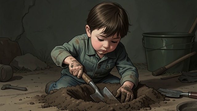 The Hill Becomes a Room from "The Master Butchers Singing Club". A Child’s Shelter Digging into earth Markus shapes a room beneath a mound, seeking quiet and relief from grief. The excavation feels purposeful and comforting.