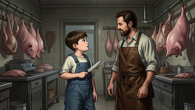 Teaching the Boys from "The Master Butchers Singing Club". A Trade for the Next Generation Work enters childhood Fidelis teaches his sons to help with slaughtering and preparation.