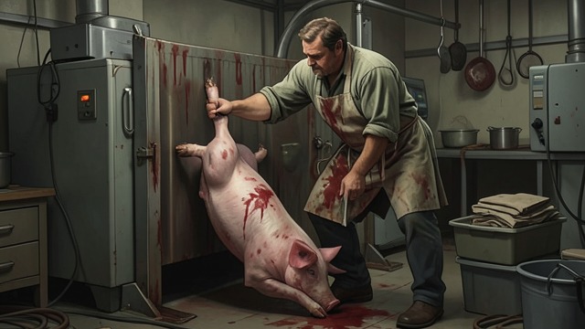 The Sow Fights Back from "The Master Butchers Singing Club". A Killing Becomes a Struggle Control fails A sow attacks Fidelis in the chute and seriously injures his knee.