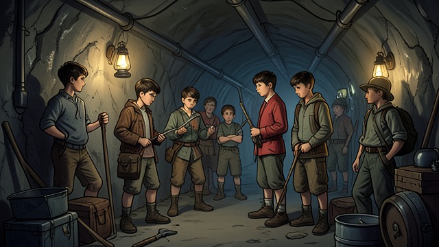 An Oath Among Boys from "The Master Butchers Singing Club". Secrecy and Construction A dangerous club The boys swear secrecy, steal tools and supplies, and use lanterns to extend their digging after school.
