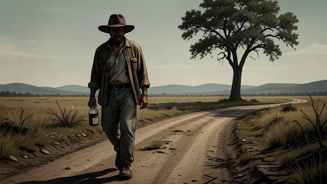 The Quiet Departure from "The Drover's Wife". Leaving Everton Behind A passing figure The next morning Louisa sees a shabby sundowner carrying a bottle as he shuffles along the road out of town.