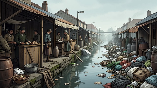 尚未完成的城市现代化,《霍乱时期的爱情》中的场景。重新构想市场 将清洁作为公共事务 尤维纳尔·乌尔比诺倡议建造一座有顶市场,并改善垃圾处理系统,以取代危险的滨水环境。 城市抱负 他的计划展现了医疗责任如何扩展到建筑、政府与集体生活领域。