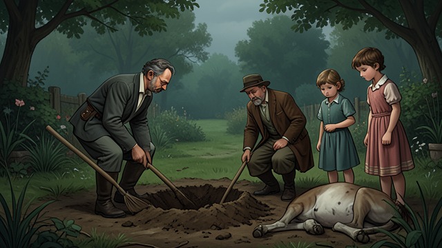 普林斯之死及其后果,《德伯家的苔丝》中的场景。一场家庭葬礼 普林斯在家中下葬 约翰不肯把马的尸体卖几先令,而是在花园里挖了个墓。孩子们哀悼这匹动物,因为它既是他们的伙伴,也是家里的生计来源。 损失带来经济困境 家里的贩卖生意仰赖这匹马,它的死威胁到全家的生计。苔丝相信危机是自己造成的,悲痛因此更加沉重。
