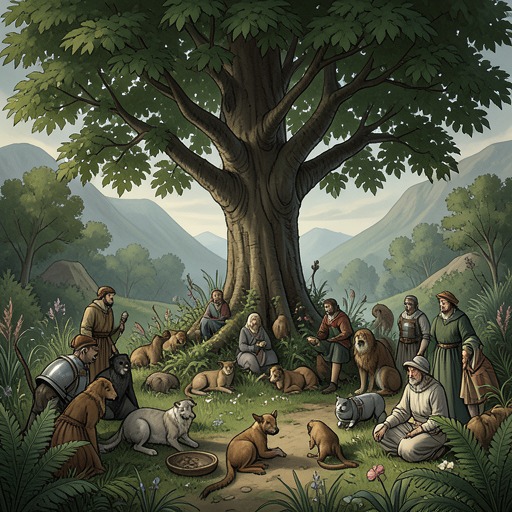 The Creation of Narnian Society from "The Magician's Nephew". This flow follows the first social order of Narnia, from newly awakened creatures to shared duties and human kingship.