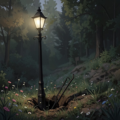 The Narnian Lamp-post from "The Magician's Nephew". This flow traces a piece of London’s wreckage as it becomes an unexpected landmark in Narnia.