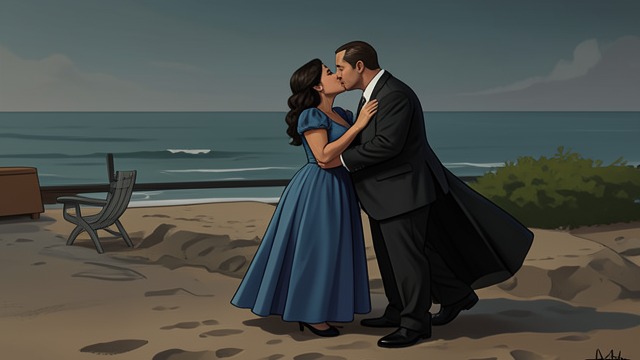 A Beachside Kiss from "Black Water". A Kiss on the Beach Sudden intimacy Walking beside the dunes, Kelly Kelleher talks politics with The Senator before he kisses her.