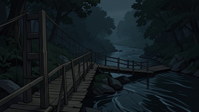 A Bridge in the Darkness from "Black Water". The Unseen Alternative Another danger ahead A narrow, weathered wooden bridge lies beyond the curve.