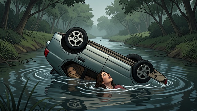 A Sudden Submersion from "Black Water". The Car Goes Under Impact and confusion The Rented Toyota breaks through the guardrail and enters Indian Creek.