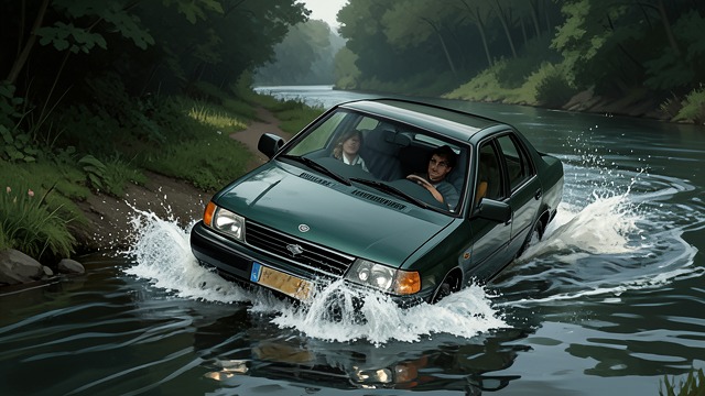 The Curve Arrives from "Black Water". Warning Becomes Impact No time to reverse course The car reaches the hairpin curve and loses control.