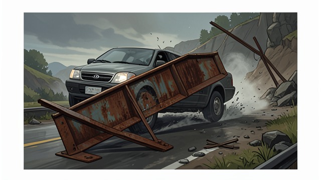 The Broken Guardrail from "Black Water". A Barrier Gives Way Impact The Rented Toyota skids sideways into a rusted guardrail, which collapses rather than stopping the vehicle.