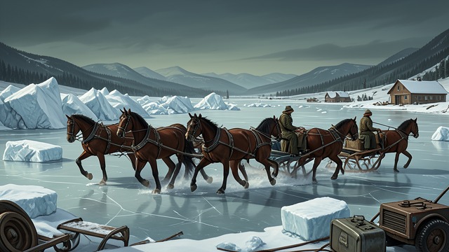 Men on the Frozen Pond from "Walden". A Worksite on Ice The Harvest Arrives During the winter of 1846–1847, a large crew comes to Walden Pond to cut and haul ice.