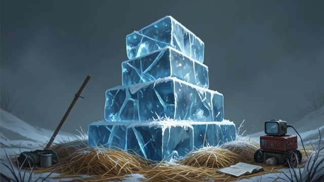 An Azure Storehouse from "Walden". Winter Architecture A Temporary Monument The stacked ice resembles a blue fort or ruined palace, changing as hay and frost gather around it.