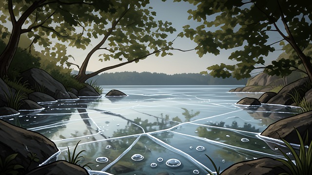 The First Ice from "Walden". A Transparent Beginning Surface Becoming Solid Thoreau observes the earliest ice as dark, clear, and thin enough to reveal the bottom beneath it.