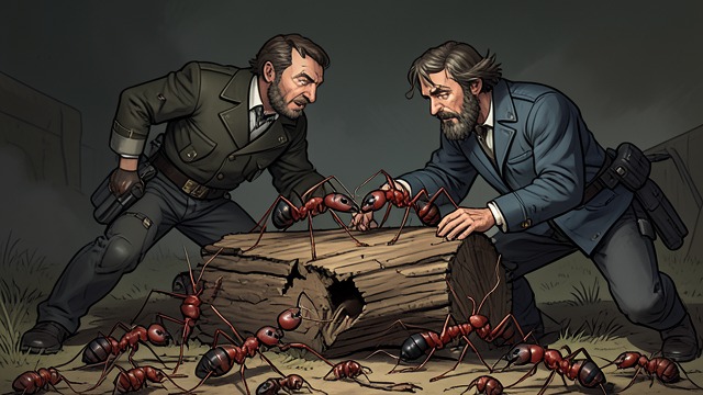 Two Armies Meet from "Walden". Red Against Black A War Takes Shape Red and black ants struggle across the woodpile, with the smaller red ants often outnumbered and the black ants much…