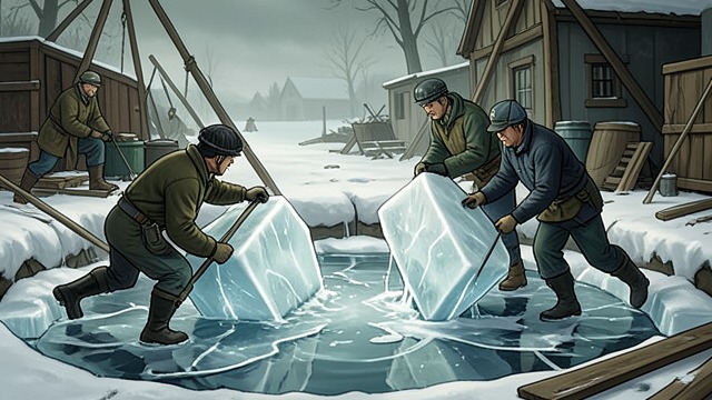 The Pond’s Skin Removed from "Walden". A Surface Taken Away Cutting the Ice Workers cut cakes from the pond and raise them into a high stack, removing a great quantity of its winter covering.