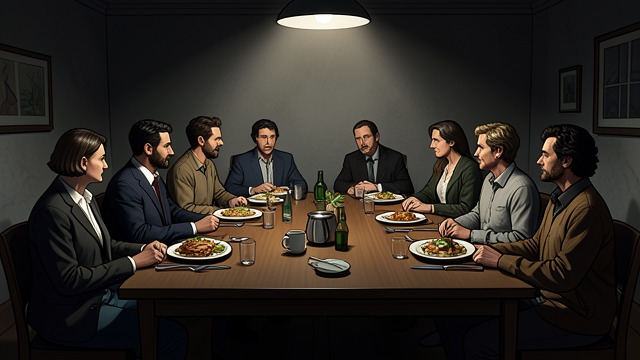 Strangers at the Table from "Nine Perfect Strangers". A Silent Group Separate lives meet The nine guests eat together without speaking.