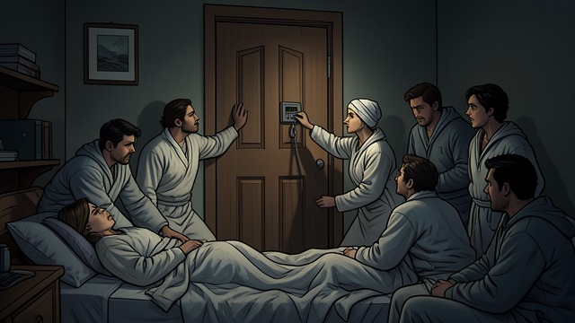 Waking Behind a Locked Door from "Nine Perfect Strangers". The Group Is Trapped Searching for an exit The guests wake in the meditation studio and find a new keypad at the only substantial door.