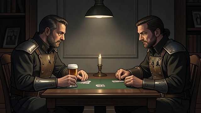 Cards After Disaster from "Antigone". Cards After Disaster The game resumes The guards sit with beer and return to their cards as the play ends.