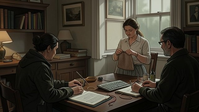 The Woman Knitting from "Antigone". The Woman Knitting A quiet presence Eurydice knits beside the Nurse while the other characters occupy the room.