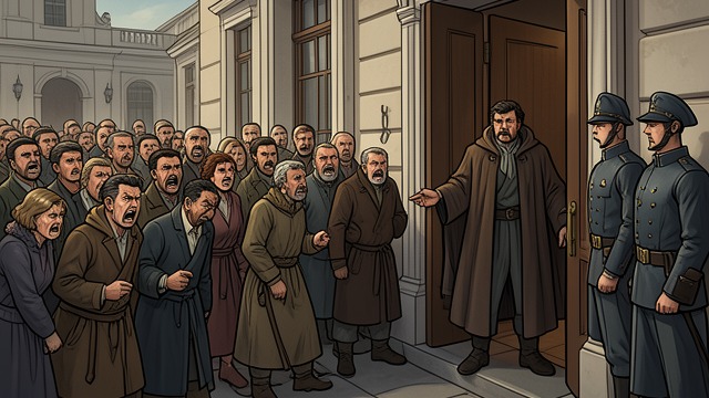 The Mob Presses In from "Antigone". The Mob Presses In The prediction realized A howling crowd gathers outside the palace and pushes toward the doors.