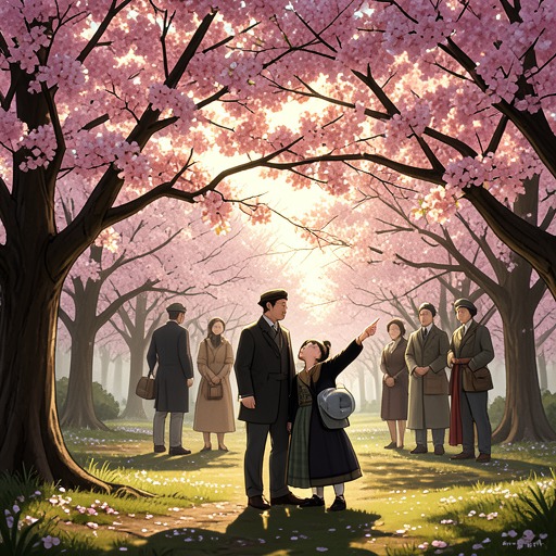 Town S’s Spring Trees from "A Man". The family’s chosen cherry trees give Rié and Yuto a recurring way to remember Makoto, even as the meaning of fatherhood and family names changes.