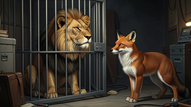 The Fox Mocks the Captive Lion from "Aesop's Fables". Power Changes the Encounter The Lion in a Cage A Fox approaches a Lion confined in a cage and insults it.
