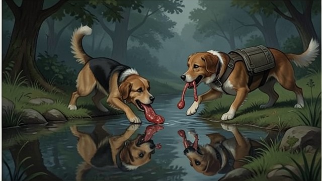 猎犬伸爪扑向倒影,《伊索寓言》中的场景。欲望使索求加倍 倒影 一只叼着肉的猎犬走过溪流,看见自己的倒影,误以为那是另一只叼着更大肉块的猎犬。想象中的猎物与它嘴里已有的真肉相争。 两头落空 猎犬丢下肉块,扑向无法抓住的倒影;溪水则把原来的肉冲走。它试图增加所得,结果却一无所有。