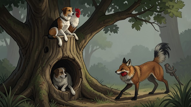 The Dog and Cock Outsmart a Fox from "Aesop's Fables". Coordinated Protection A Night in the Wood A Dog and a Rooster travel together and take shelter in a tree and hollow trunk.