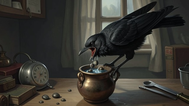 The Crow Tries to Drink from "Aesop's Fables". Persistence at the Pitcher A Thirsty Discovery A Crow finds a pitcher with too little water to reach.