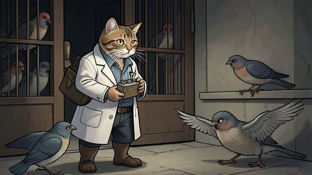 A Cat Pretends to Be a Physician from "Aesop's Fables". A Predator in Professional Dress A Visit to the Aviary A Cat hears that birds are ill and disguises itself as a physician, carrying the tools of a healer.