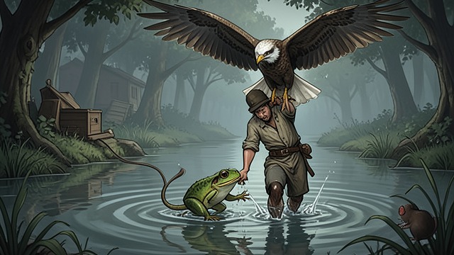 A Mouse Is Dragged Into Water from "Aesop's Fables". Friendship Used as a Snare A Bound Pair A Frog ties its foot to a Mouse’s and leads it gradually toward the water.