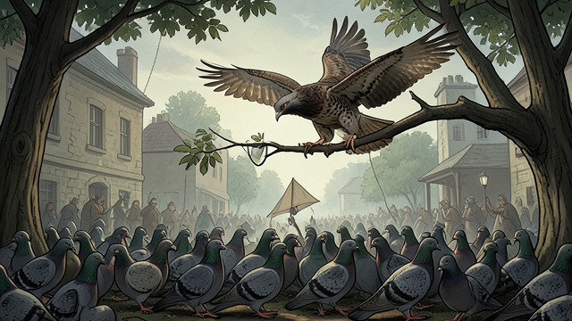 The Flock Trusts a Kite from "Aesop's Fables". Protection That Becomes Predation A New Defender Pigeons alarmed by a Kite invite a Hawk to protect them.