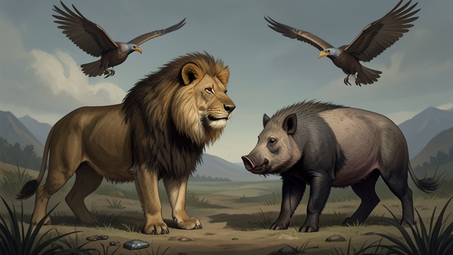 The Boar and Lion Stop Fighting from "Aesop's Fables". Rivalry Interrupted A Fight at the Well A Lion and a Boar arrive together at a well and fight over who drinks first.