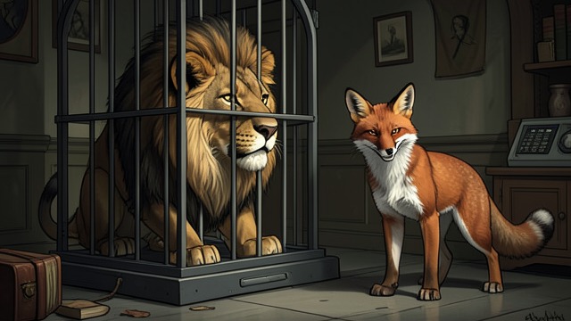 A Lion Accepts the Cage’s Meaning from "Aesop's Fables". Defeat Reframed The Fox’s Mockery A Fox insults a Lion confined in a cage.