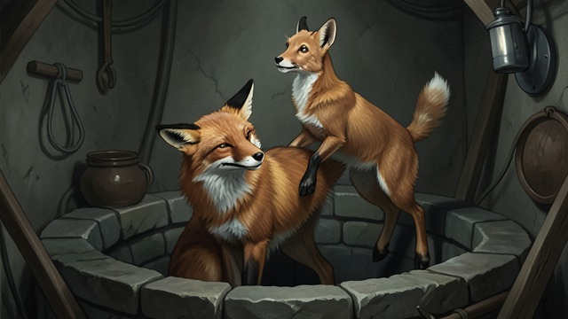 The Fox Escapes the Well from "Aesop's Fables". A Quick Exit The Goat’s Arrival A Fox trapped in a well persuades a thirsty Goat to descend, concealing its own predicament with praise.