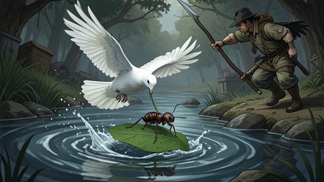 The Dove Protects the Ant from "Aesop's Fables". A Small Rescue The Leaf in the River An Ant is nearly drowned in a stream. A Dove drops a leaf beside it, and the Ant rides it safely to shore.
