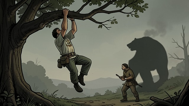 The Travelers Meet a Bear from "Aesop's Fables". Friendship Under Threat One Traveler Climbs Two men travel together when a Bear appears. One quickly climbs a tree, leaving his companion exposed on the path.