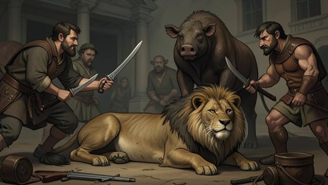 An Old Lion Loses His Authority from "Aesop's Fables". Power at the End of Life A Vulnerable Ruler A Lion, exhausted by age and disease, lies near death.