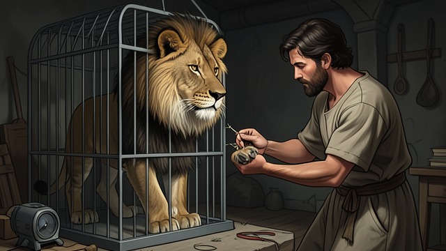 The Lion Remembers the Shepherd from "Aesop's Fables". Recognition in the Arena The Thorn Is Removed A Lion approaches a Shepherd and allows him to remove a thorn from its paw.