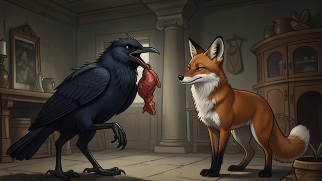 The Crow Loses Its Meat from "Aesop's Fables". Flattery as a Trap The Fox’s Praise A Crow holds stolen meat in a tree while a Fox praises its appearance and suggests its voice should match its beauty.
