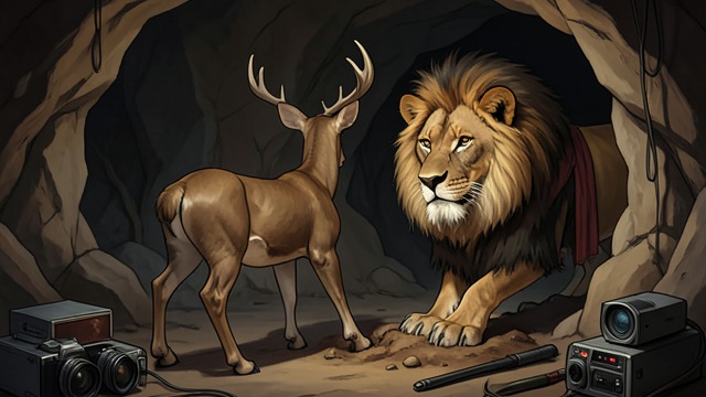The Doe Enters the Lion’s Cave from "Aesop's Fables". Refuge Becomes Danger Flight From Hunters A Doe pursued by hunters seeks shelter inside a cave belonging to a Lion.