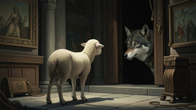 A Lamb Chooses the Temple from "Aesop's Fables". Choosing Between Threats The Wolf’s Warning A Wolf pursues a Lamb into a Temple and says that a Priest may sacrifice it there.