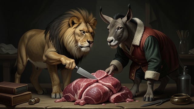 The Fox Divides the Prey from "Aesop's Fables". Learning From Another’s Fate The Ass’s Division A Lion orders an Ass to divide the partners’ captured prey.
