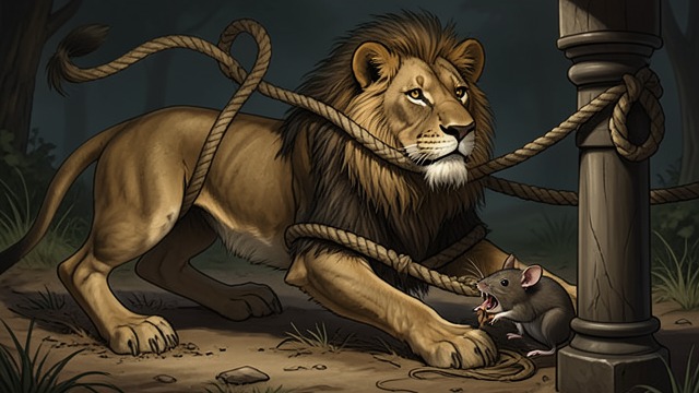 The Lion Is Freed From Hunters from "Aesop's Fables". Dependence Revealed A Captured King Hunters bind the Lion with ropes and leave it unable to escape by strength alone.