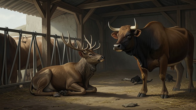 The Oxen Warn a Hidden Stag from "Aesop's Fables". Temporary Shelter A Stag Enters the Shed Hounds chase a Stag into a cattle shed.