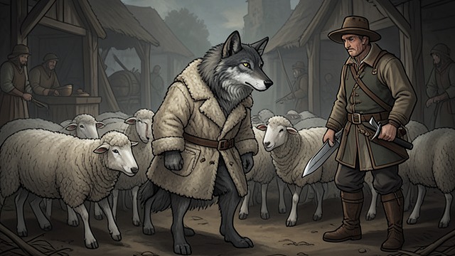 The Wolf Wears Sheep’s Skin from "Aesop's Fables". A Predatory Disguise Entry Into the Flock A Wolf covers himself with a sheep’s skin and pastures among the flock, deceiving the Shepherd.