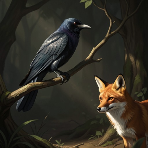 The Crow’s Contrasting Fortunes from "Aesop's Fables". This thread follows Crow characters as they alternate between vanity, deception, mistaken judgment, and resourcefulness.