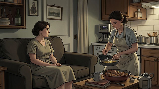 Cooking for Herself from "Chanson douce". A Rare Reversal Louise receives care Wafa cooks in the Massé kitchen while Louise watches from the sofa.